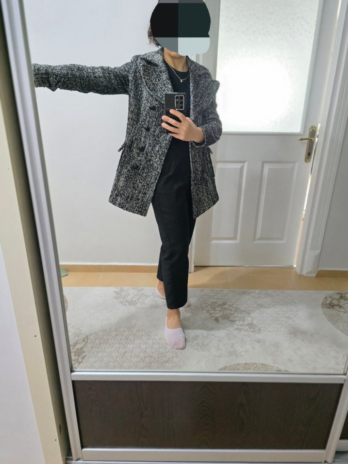 KOTON YÜN KABAN Çift Düğmeli Siyah-Beyaz Kaban - Görsel 5