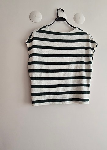 ZARA Düğmeli Gri Çizgili Kadın Kısa Kollu Tişört - Görsel 4