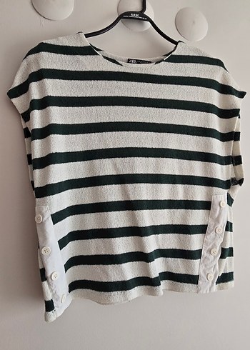 ZARA Düğmeli Gri Çizgili Kadın Kısa Kollu Tişört - Görsel 2