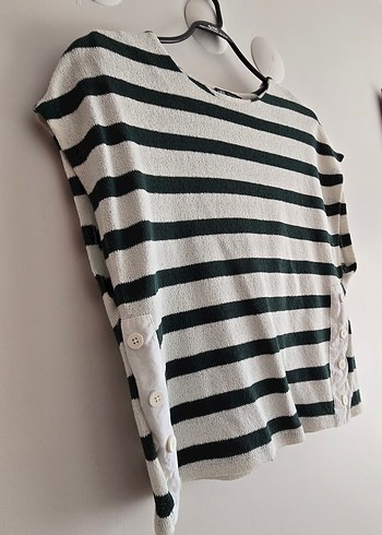 ZARA Düğmeli Gri Çizgili Kadın Kısa Kollu Tişört - Görsel 5