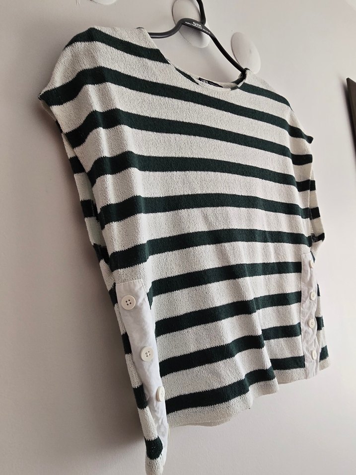 ZARA Düğmeli Gri Çizgili Kadın Kısa Kollu Tişört - Görsel 5