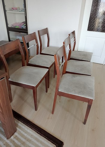 Bej kumaşlı ahşap sandalye seti - Görsel 5