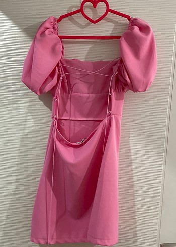 Pembe Midi Elbise Balon Kol Detaylı - Görsel 3