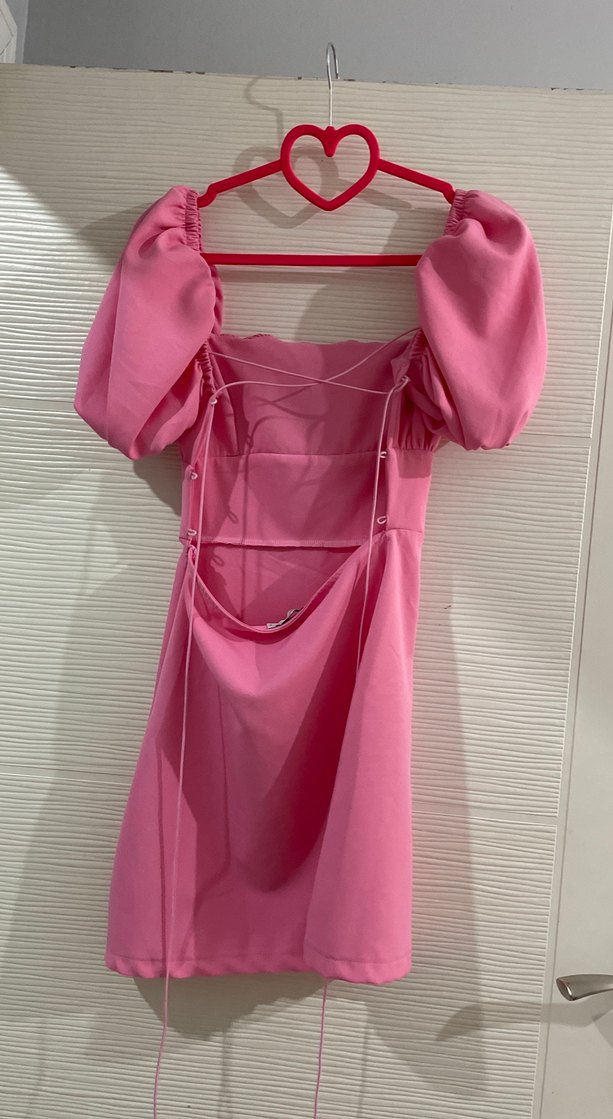 Pembe Midi Elbise Balon Kol Detaylı - Görsel 3