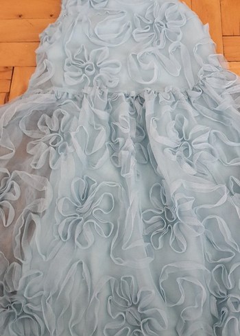 Kız Çocuk Mavi Fırfırlı Nakışlı Elbise - Görsel 2