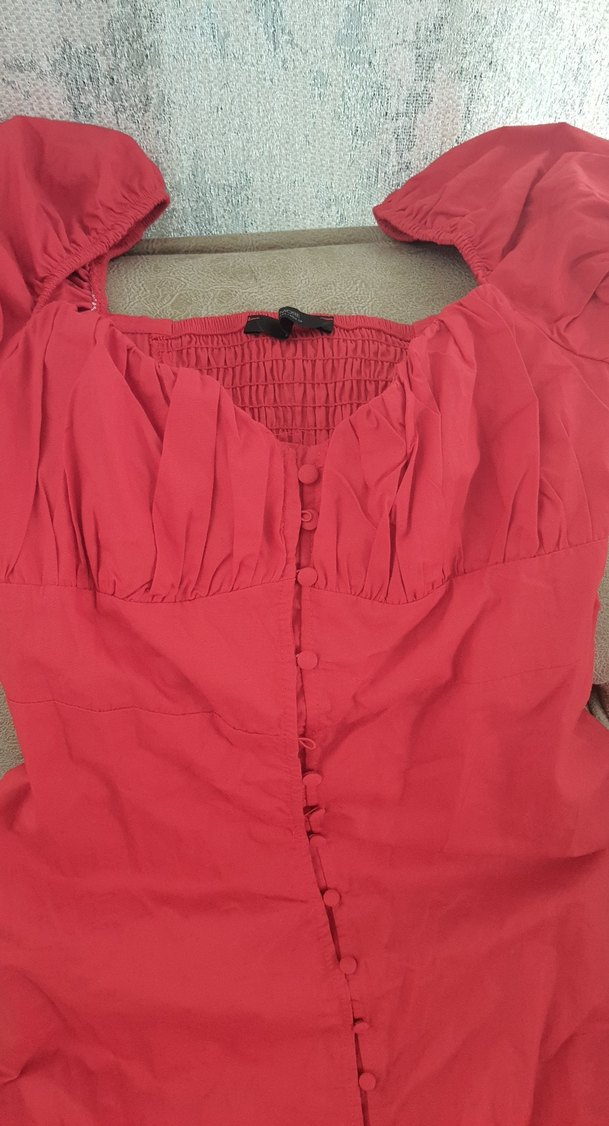 Kırmızı Keten Uzun Düğmeli Elbise - Görsel 2