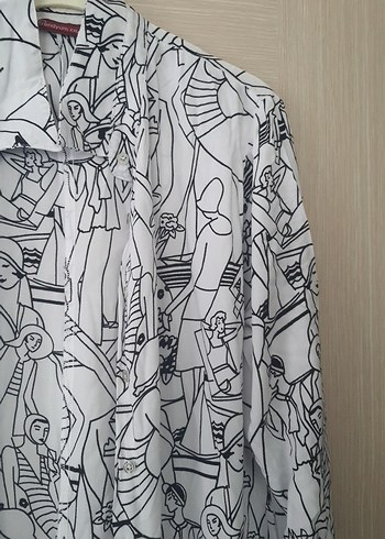 Desenli V Yaka Uzun Keten Elbise - Görsel 5