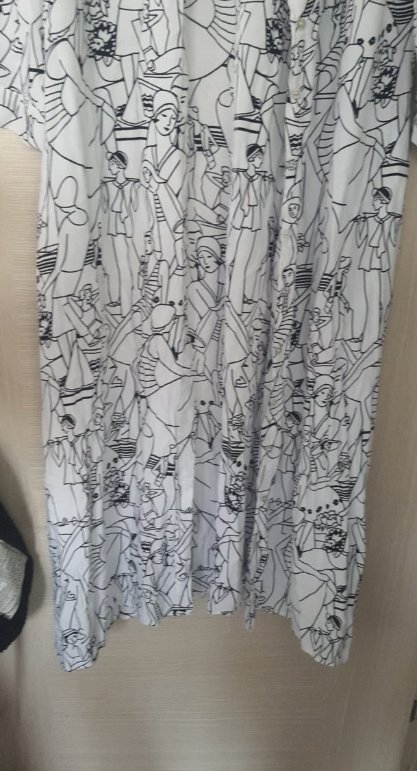 Desenli V Yaka Uzun Keten Elbise - Görsel 2