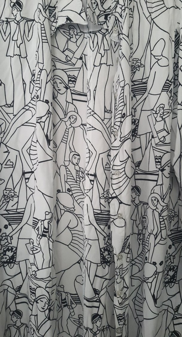 Desenli V Yaka Uzun Keten Elbise - Görsel 3