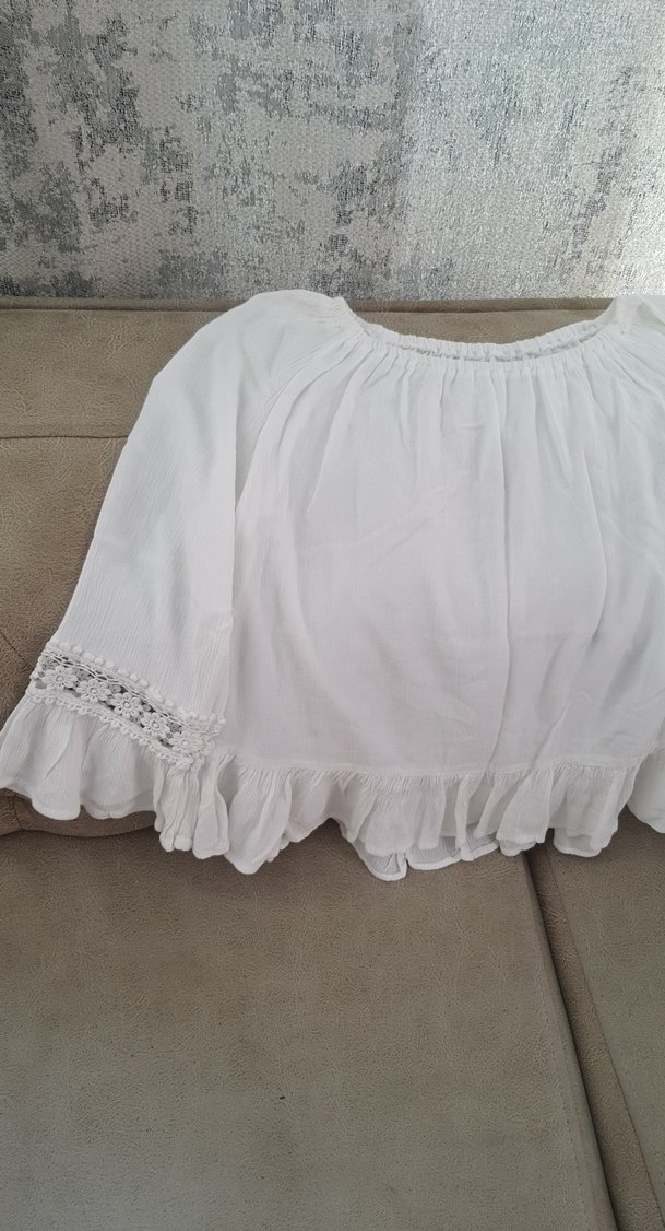 Bohem Beyaz Keten Mini Bluz - Görsel 2