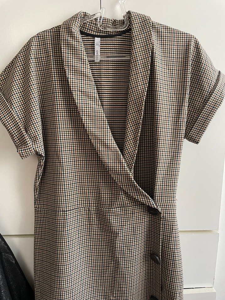 Kahverengi Ekose Desenli Uzun Kadın Elbise - Görsel 2