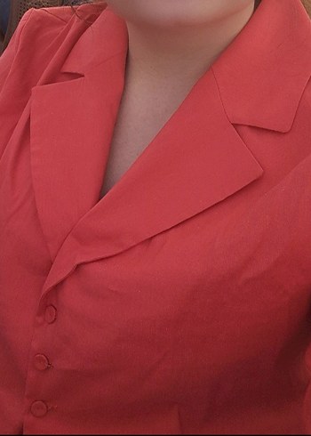 Kısa Kol Kırmızı Keten Mini Blazer - Görsel 2