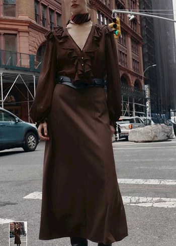 Kahverengi Deri V Yakalı Uzun Elbise - Görsel 2