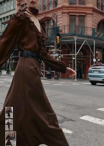 Kahverengi Deri V Yakalı Uzun Elbise - Görsel 4