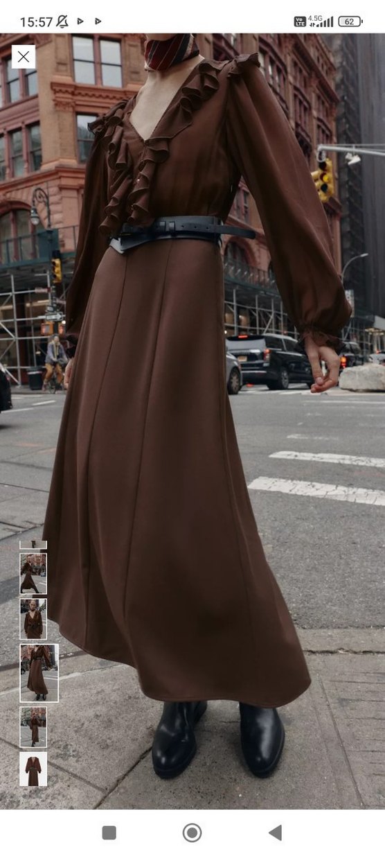 Kahverengi Deri V Yakalı Uzun Elbise - Görsel 5