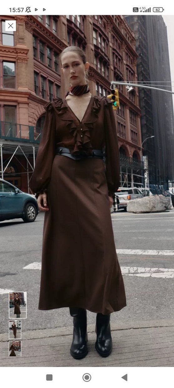 Kahverengi Deri V Yakalı Uzun Elbise - Görsel 2