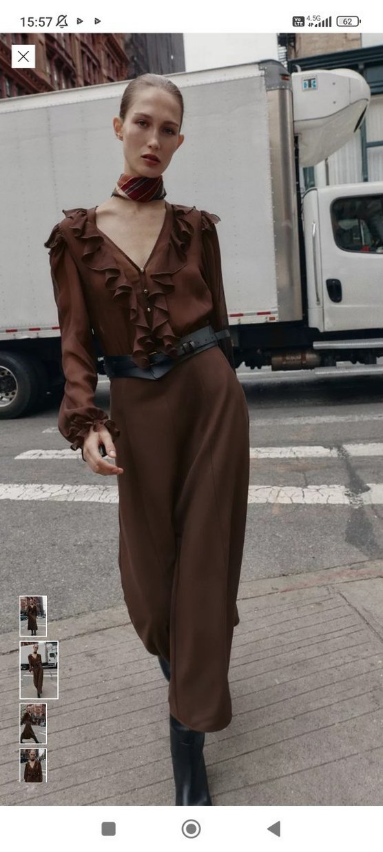 Kahverengi Deri V Yakalı Uzun Elbise - Görsel 3