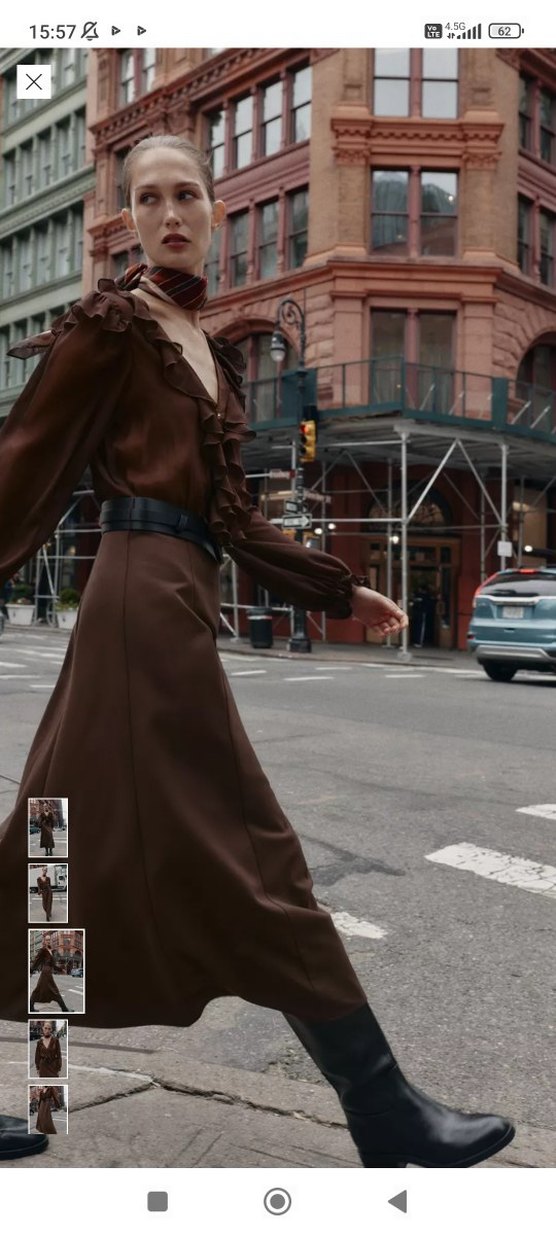 Kahverengi Deri V Yakalı Uzun Elbise - Görsel 4