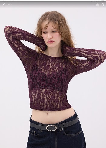 Bordo Dantel Detaylı Uzun Kollu Bluz - Görsel 2