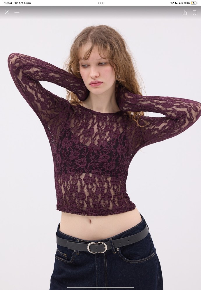 Bordo Dantel Detaylı Uzun Kollu Bluz - Görsel 2