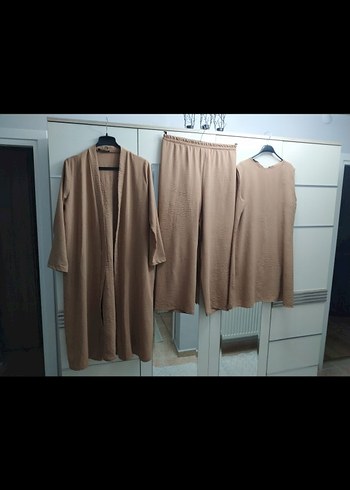 42 Beden Bej Uzun Keten Kadın Takım