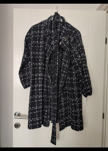 Diğer Düğmeli Siyah Kareli Kadın Uzun Kap ve yanında sweat