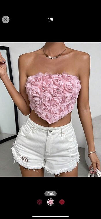 Üç boyutlu gül motifli crop büstiyer pembe