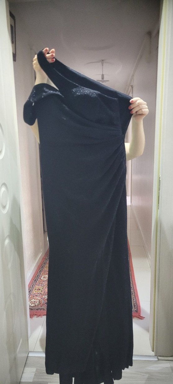 Siyah Drapeli V Yakalı Uzun Abiye Elbise - Görsel 2