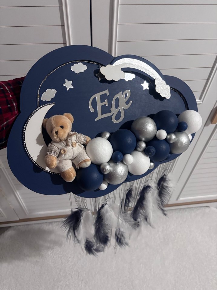 Mavi Bulutlu Bebek Kapı Süsü ve Yastık - Görsel 3