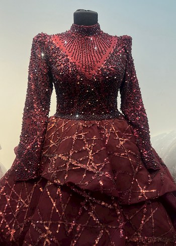 Zara Bordo Nakışlı Drapeli Uzun Abiye