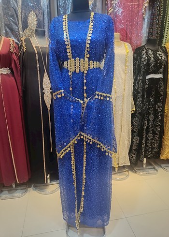 İşlemeli Mavi Uzun Henna Elbisesi Boncuklu