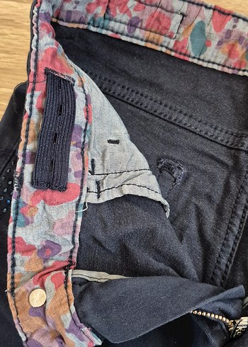 Lacivert Düğmeli Taşlı Denim Polo Pantolon - Görsel 5