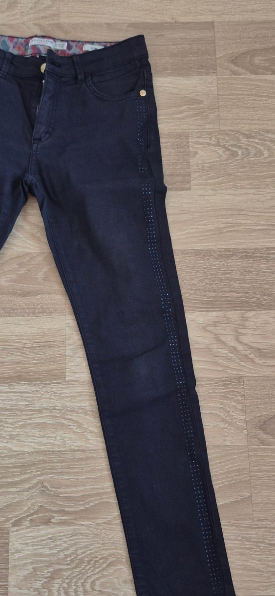 Lacivert Düğmeli Taşlı Denim Polo Pantolon - Görsel 3