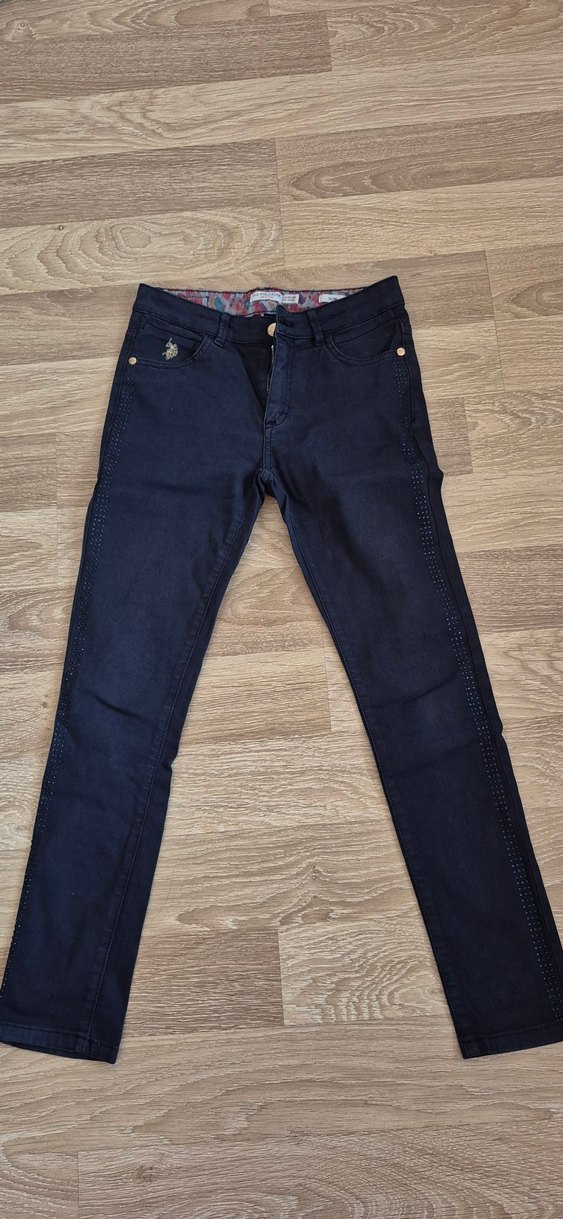 Lacivert Düğmeli Taşlı Denim Polo Pantolon - Görsel 2