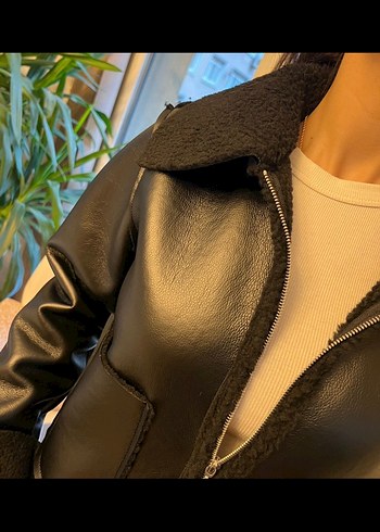 s Beden Siyah Kürklü Deri biker Kadın Ceket