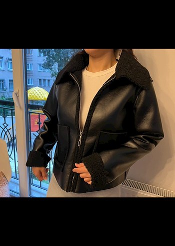Siyah Kürklü Deri biker Kadın Ceket