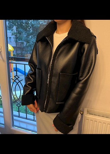 Zara Siyah Kürklü Deri biker Kadın Ceket
