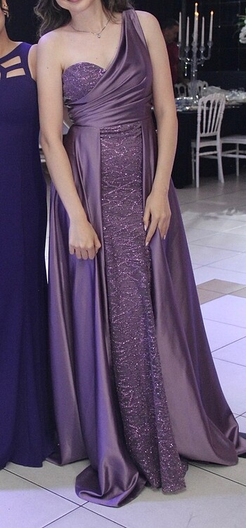 Lila saten abiye elbise - Görsel 3