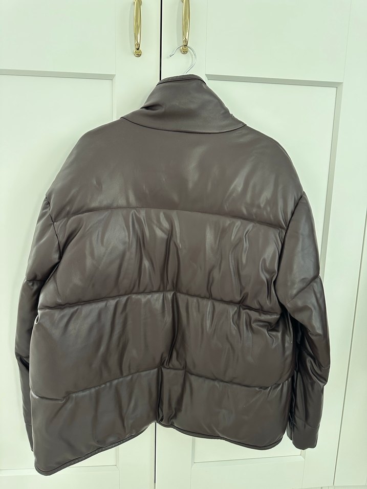 Kahverengi Deri Kadın Ceket, Kemerli, Yüksek Yaka - Görsel 3