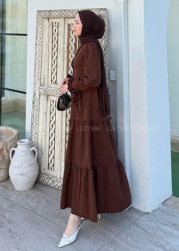 Uzun Kollu Kahverengi Bohem Elbise - Görsel 2