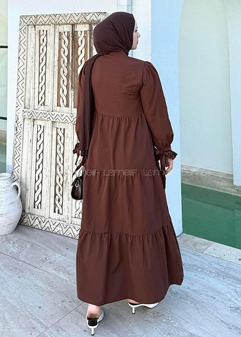 Uzun Kollu Kahverengi Bohem Elbise - Görsel 3