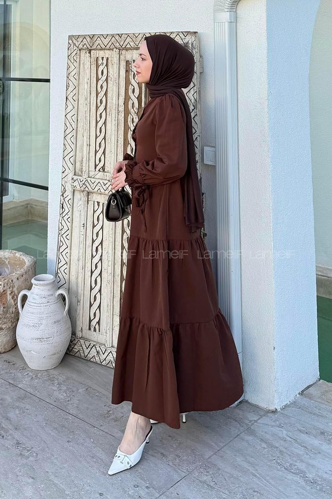 Uzun Kollu Kahverengi Bohem Elbise - Görsel 2