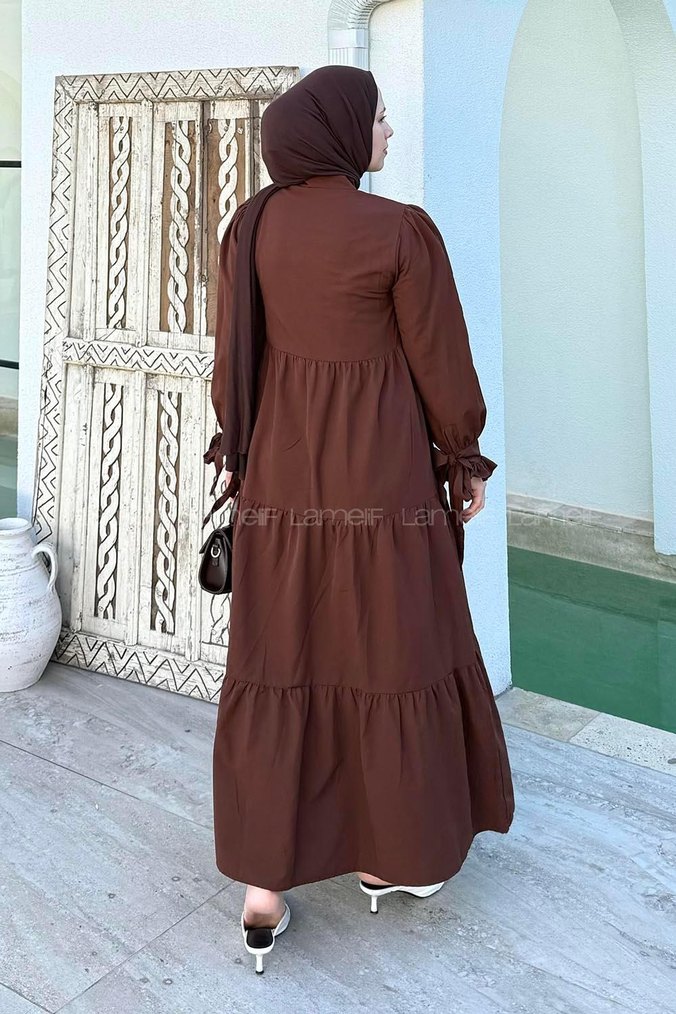 Uzun Kollu Kahverengi Bohem Elbise - Görsel 3