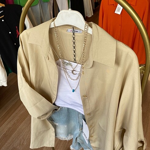 diğer Beden bej oversize poplin gömlek