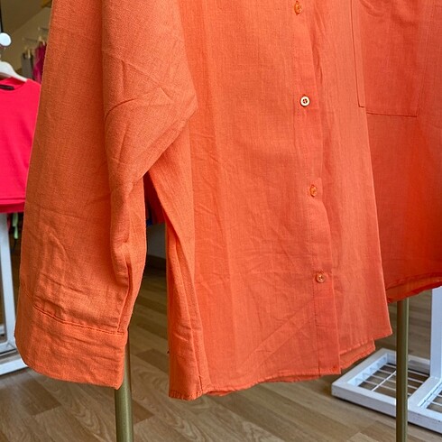universal Beden Turuncu Oversize Keten Gömlek ????