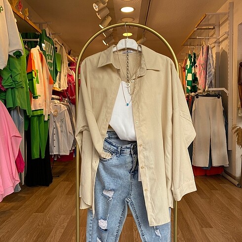 Bej Oversize Poplin Gömlek