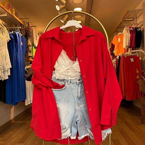 Kırmızı Oversize Poplin Gömlek