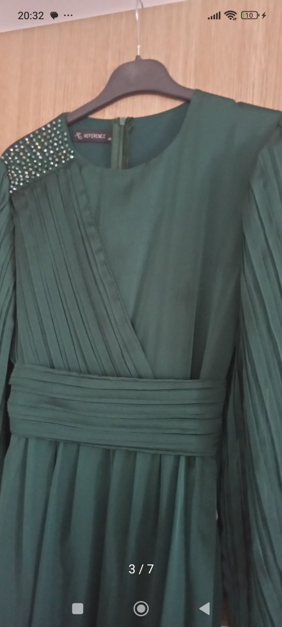 Klasik V Yaka Yeşil Uzun Elbise - Görsel 2