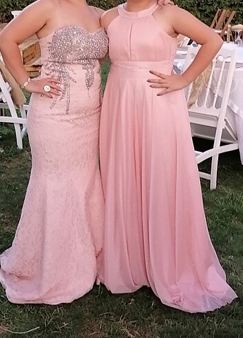 Somon Rengi Abiye Elbise Şifon Simli - Görsel 4