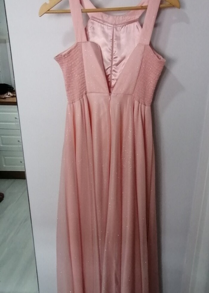 Somon Rengi Abiye Elbise Şifon Simli - Görsel 2